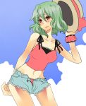  alternate_costume blush camisole contemporary green_hair hat kazami_yuuka midriff motimoti panties red_eyes short_hair shorts sun_hat touhou underwear unzipped 