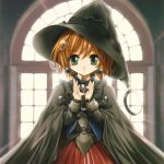  blonde_hair cape ear_rings green_eyes green_hat magic moon_cresent witch_hat 