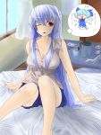  alternate_costume bare_shoulders blue_hair breasts casual cirno cleavage contemporary highres imagining kamishirasawa_keine large_breasts long_hair mizukaku red_eyes room sitting solo sweat touhou translated wink 