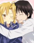  2boys bad_id black_hair blonde_hair blush closed_eyes edward_elric fullmetal_alchemist hug male maruki_(punchiki) multiple_boys roy_mustang smile wink yaoi yellow_eyes 