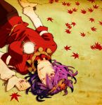  fugi_jis lipstick lying nail_polish purple_hair red_eyes solo touhou yasaka_kanako 