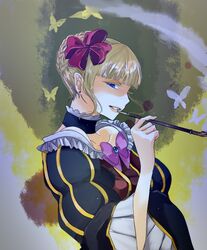  beatrice blonde_hair blue_eyes butterfly choker dress flower kiseru maroyan pipe ribbon short_hair smirk smoke umineko_no_naku_koro_ni 