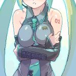  bare_shoulders between_breasts breast_hold breasts crossed_arms detached_sleeves erect_nipples green_hair hatsune_miku head_out_of_frame large_breasts lowres monk_(artist) monk_(syugyousou) necktie oekaki solo twintails vocaloid 
