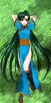  boots fire_emblem fire_emblem:_rekka_no_ken fire_emblem_blazing_sword grass green_eyes green_hair high_ponytail long_hair lying lyn lyndis_(fire_emblem) on_back ponytail side_slit smile very_long_hair xvxxv 