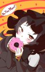  1girl black_hair brown_hair detached_sleeves doughnut eating engiyoshi english from_above gothic_lolita hairband holding isolated_island_oni kantai_collection lolita_fashion lolita_hairband long_hair looking_at_viewer shinkaisei-kan smile solo white_skin 