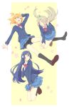  3girls blue_eyes blue_hair brown_hair closed_eyes falling karuha kousaka_honoka long_hair love_live!_school_idol_project minami_kotori multiple_girls orange_hair school_uniform side_ponytail skirt smile sonoda_umi star yellow_eyes 