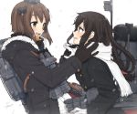  2girls binoculars black_hair brown_eyes brown_hair hatsushimo_(kantai_collection) kantai_collection long_hair machinery multiple_girls natsume_(na_tsumen) scarf short_hair torpedo winter_clothes winter_coat yukikaze_(kantai_collection) 