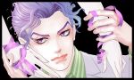  1boy eyelashes formal hands jojo_no_kimyou_na_bouken kira_yoshikage lips necktie purple_hair ribbon rozarita solo_focus suit violet_eyes 