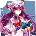  1girl ascot bespectacled book capelet coat crescent dress glasses hair_ribbon kutsuki_kai long_hair long_sleeves looking_at_viewer open_clothes open_coat patchouli_knowledge purple_hair reading red-framed_glasses ribbon solo striped striped_dress touhou tress_ribbon very_long_hair violet_eyes wide_sleeves 