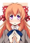  1girl blush bow bust gekkan_shoujo_nozaki-kun hair_bow hands_together highres long_hair looking_at_viewer naruse_mai open_mouth orange_hair polka_dot polka_dot_bow sakura_chiyo simple_background solo violet_eyes white_background 