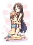  2girls barefoot bra brown_eyes brown_hair highres hug kneeling kuinji_51go long_hair multiple_girls original panties shorts underwear 