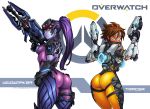  2girls amelie_lacroix ass breasts brown_eyes brown_hair character_name darwin_nunez dual_wielding earrings gun handgun highres jewelry lena_oxton long_hair looking_at_viewer multiple_girls overwatch pistol ponytail pout purple_hair purple_skin rifle short_hair smile sniper_rifle thighs tracer_(overwatch) visor weapon widowmaker_(overwatch) 