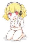  1girl bikini blonde_hair blush breasts chibi cleavage headphones huge_breasts looking_at_viewer navel nitroplus open_mouth orange_eyes plump short_hair smile solo super_pochaco swimsuit twintails v white_swimsuit 