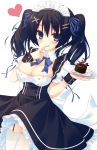  1girl :q black_hair blue_eyes breasts cleavage hair_ornament hairpin highres long_hair looking_at_viewer maid miko_92 original smile solo tongue tongue_out twintails wrist_cuffs 