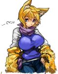  1girl adapted_costume animal_ears blonde_hair breasts cowboy_shot fox_ears fur hand_on_hip large_breasts looking_at_viewer sachito short_hair simple_background solo touhou white_background yakumo_ran 