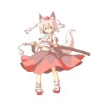  1girl animal_ears detached_sleeves geta hat holding inubashiri_momiji kaminendo katana looking_at_viewer navel pom_pom_(clothes) red_eyes short_hair silver_hair simple_background socks solo sword tail tokin_hat touhou weapon white_background white_legwear wolf_ears wolf_tail 