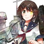  1girl brown_hair cannon furutaka_(kantai_collection) itomugi-kun kantai_collection machinery neckerchief school_uniform serafuku short_hair skirt smile turret yellow_eyes 