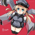  1girl anchor_hair_ornament black_legwear black_ribbon black_skirt blonde_hair blue_eyes character_name from_above gloves hair_ornament hair_ribbon hat kantai_collection kibunya kneehighs long_hair long_sleeves looking_up machinery microskirt military military_uniform open_mouth peaked_cap pleated_skirt prinz_eugen_(kantai_collection) red_background ribbon simple_background skirt solo thigh-highs turret twintails twitter_username uniform white_gloves 