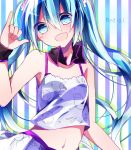  1girl camisole collar copyright_name hatsune_miku long_hair midriff navel open_mouth re:dial_(vocaloid) solo striped striped_background twintails very_long_hair vocaloid wrist_cuffs yuruno 