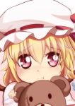  1girl absurdres blonde_hair bust face flandre_scarlet hat hat_ribbon highres looking_at_viewer mob_cap pink_eyes pout ribbon solo stuffed_animal stuffed_toy teddy_bear touhou yasume_yukito 