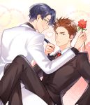 1boy 1girl blue_hair brown_eyes brown_hair flower formal gekkan_shoujo_nozaki-kun green_eyes heart hetero hori_masayuki kanapy kashima_yuu necktie necktie_grab red_rose reverse_trap rose smile suit