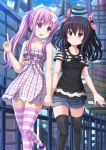  2girls black_hair black_legwear blush choujigen_game_neptune dress hair_ornament hair_ribbon highres holding_hands interlocked_fingers kazenokaze long_hair multiple_girls nepgear neptune_(series) payot plaid plaid_dress pointing pointing_up polka_dot_ribbon ponytail purple_hair red_eyes ribbon short_shorts shorts smile strapless_dress striped striped_legwear thigh-highs two_side_up uni_(choujigen_game_neptune) violet_eyes 