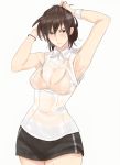  1girl adjusting_hair armpits bangs blush bracelet breasts brown_eyes brown_hair gym_uniform jewelry navel ogros original see-through shorts sleeveless solo sweat sweatband sweatdrop sweating sweating_profusely wet wet_clothes wet_shirt white_background wristband 