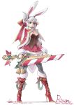  1girl animal_ears blue_eyes boots breasts christmas earmuffs garland high_heel_boots high_heels highres league_of_legends loiza rabbit_ears riven_(league_of_legends) simple_background skirt solo sword weapon white_background 