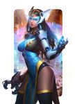  black_hair black_legwear blue_dress blue_eyes breasts cyborg dark_skin dress forehead_jewel headgear highres long_hair nudtawut_thongmai overwatch satya_vaswani side_slit solo symmetra_(overwatch) thigh-highs visor weapon 