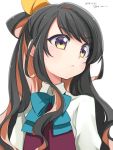  1girl :&lt; black_hair blush bust dated face kantai_collection ko_ru_ri long_hair multicolored_hair naganami_(kantai_collection) orange_hair school_uniform simple_background solo twitter_username two-tone_hair white_background yellow_eyes 