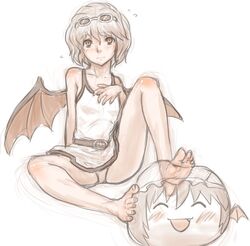  1girl alternate_costume ball bare_arms bare_legs bare_shoulders barefoot bat_wings beachball belt collarbone dress flying_sweatdrops kuro_suto_sukii panties pantyshot remilia_scarlet sitting sketch solo sunglasses sunglasses_on_head touhou underwear upskirt white_dress wings 