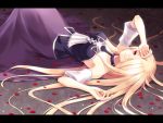  1girl bare_shoulders blonde_hair chisa collarbone cravat detached_sleeves dress halterneck lace letterboxed long_hair lying on_back pandora_(p&amp;d) petals pink_eyes purple_dress puzzle_&amp;_dragons short_sleeves smile solo very_long_hair 