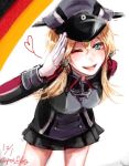  1girl anchor_hair_ornament artist_request blonde_hair gloves green_eyes hat heart kantai_collection microskirt military military_hat military_uniform one_eye_closed prinz_eugen_(kantai_collection) salute skirt twintails uniform 