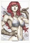  1girl armor bikini_armor gloves red_sonja red_sonja_(comics) redhead solo stanley_lau sword traditional_media weapon 
