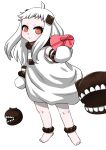  1girl ahoge box chocolate chocolate_heart dress floating_fortress_(kantai_collection) gift gift_box heart highres holding horns hyakugai kantai_collection long_hair looking_at_viewer mittens northern_ocean_hime orange_eyes pale_skin shinkaisei-kan simple_background white_background white_dress white_hair white_skin 
