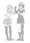  2girls aoba_(kantai_collection) asymmetrical_legwear bike_shorts furutaka_(kantai_collection) kantai_collection loafers monochrome multiple_girls nathaniel_pennel ponytail school_uniform serafuku shirt shoes short_hair short_sleeves shorts simple_background single_elbow_glove single_thighhigh thigh-highs white_background 