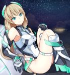  1girl angela_balzac bare_shoulders blonde_hair blue_eyes bodysuit breasts elbow_gloves expelled_from_paradise gloves headgear idayui legs_up leotard long_hair looking_at_viewer low_twintails sitting smile solo thigh_strap twintails very_long_hair 
