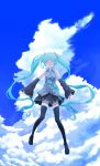  1girl black_legwear closed_eyes detached_sleeves green_hair hair_ornament hatsune_miku highres long_hair looking_at_viewer necktie parted_lips pleated_skirt rinta_(reyte) skirt sky solo thigh-highs twintails vocaloid zettai_ryouiki 