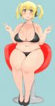  1girl bikini black_bikini blonde_hair blush breasts cleavage double_v headphones huge_breasts licking_lips looking_at_viewer morisoba_(silent_hill) navel nitroplus open_mouth orange_eyes plump short_hair sitting skindentation smile solo super_pochaco swimsuit twintails v 