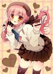 1girl :d brown_eyes hat holding long_hair looking_at_viewer mizuki_yuuma notebook open_mouth original pencil pink_hair smile solo sweater twintails 
