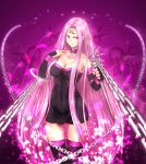  1girl bare_shoulders breasts broken broken_chain buckle chain cleavage collar collarbone covered_navel dagger delicious_p dress elbow_gloves facial_mark fate/stay_night fate_(series) fingerless_gloves flower forehead_mark gloves highres lips long_hair parted_lips petals purple_hair rider shiny shiny_hair solo strapless_dress thigh-highs thighs very_long_hair violet_eyes weapon 