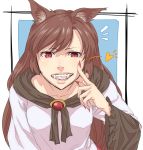  1girl animal_ears brooch brown_hair bust face fangs heart imaizumi_kagerou jewelry long_sleeves red_eyes shinburu shirt slit_pupils solo tail touhou wide_sleeves wolf_ears wolf_tail 