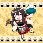  1girl ^_^ akagi_(kantai_collection) black_hair blush_stickers chibi chopsticks closed_eyes holding kantai_collection long_hair looking_at_viewer muneate open_mouth outstretched_arms rice_bowl smile solo spread_arms tk8d32 