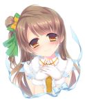  1girl amamine bow brown_eyes brown_hair close-up gloves hair_bow hair_ribbon hands_together long_hair looking_at_viewer love_live!_school_idol_project minami_kotori ribbon simple_background smile solo white_background white_gloves 