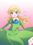  1girl :d ascot blonde_hair blue_eyes dress gradient gradient_background green_dress ib kashiwadokoro long_hair looking_at_viewer mary_(ib) open_mouth simple_background smile solo 