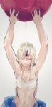  1girl alcohol armpits arms_up blonde_hair closed_eyes horn hoshiguma_yuugi kazusa_(_0576861614433) long_hair midriff navel sakazuki sake sarashi simple_background solo touhou wet wet_hair 