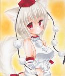  1girl animal_ears asa1014 bare_shoulders blush breasts detached_sleeves hat impossible_clothes impossible_shirt inubashiri_momiji light_smile looking_at_viewer midriff navel pom_pom_(clothes) red_eyes short_hair sideboob silver_hair solo tail tokin_hat touhou wolf_ears wolf_tail 