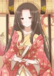  1girl black_hair brown_eyes fan folding_fan hiro_(hirohiro31) holding japanese_clothes kimono long_hair looking_at_viewer original solo 
