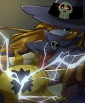  blonde_hair cape digimon digimon_adventure electricity gloves glowing glowing_eyes green_eyes hair_over_one_eye hat highres long_hair low-tied_long_hair masa_(ww5320) no_humans pointy_ears red_eyes revision skull solo staff wizard_hat wizarmon zipper 