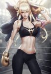 1girl blonde_hair boxing_gloves breasts brown_eyes cleavage girls_of_the_wild&#039;s highres lips midriff muscle navel necktie pants ponytail queen_(gotw) solo sports_bra stanley_lau toned 